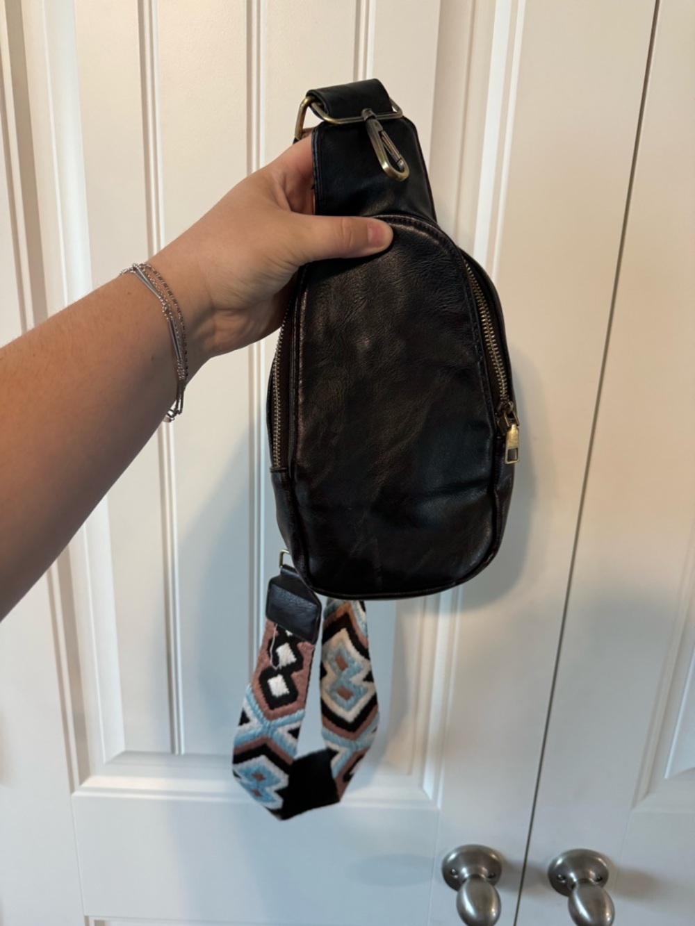 Amazon Black Leather Sling Bag with Patterned Strap
